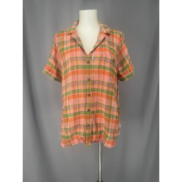 Toad&Co Camp Cove Shirt Womens Large Pink Green Plaid Organic Cotton - Picture 1 of 14